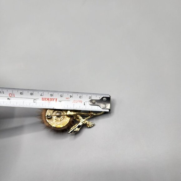 Rose Brooch Mink Fur Gold Tone Flower Long Stem Clear Rose Pin Unmarked Vtg - Picture 12 of 13